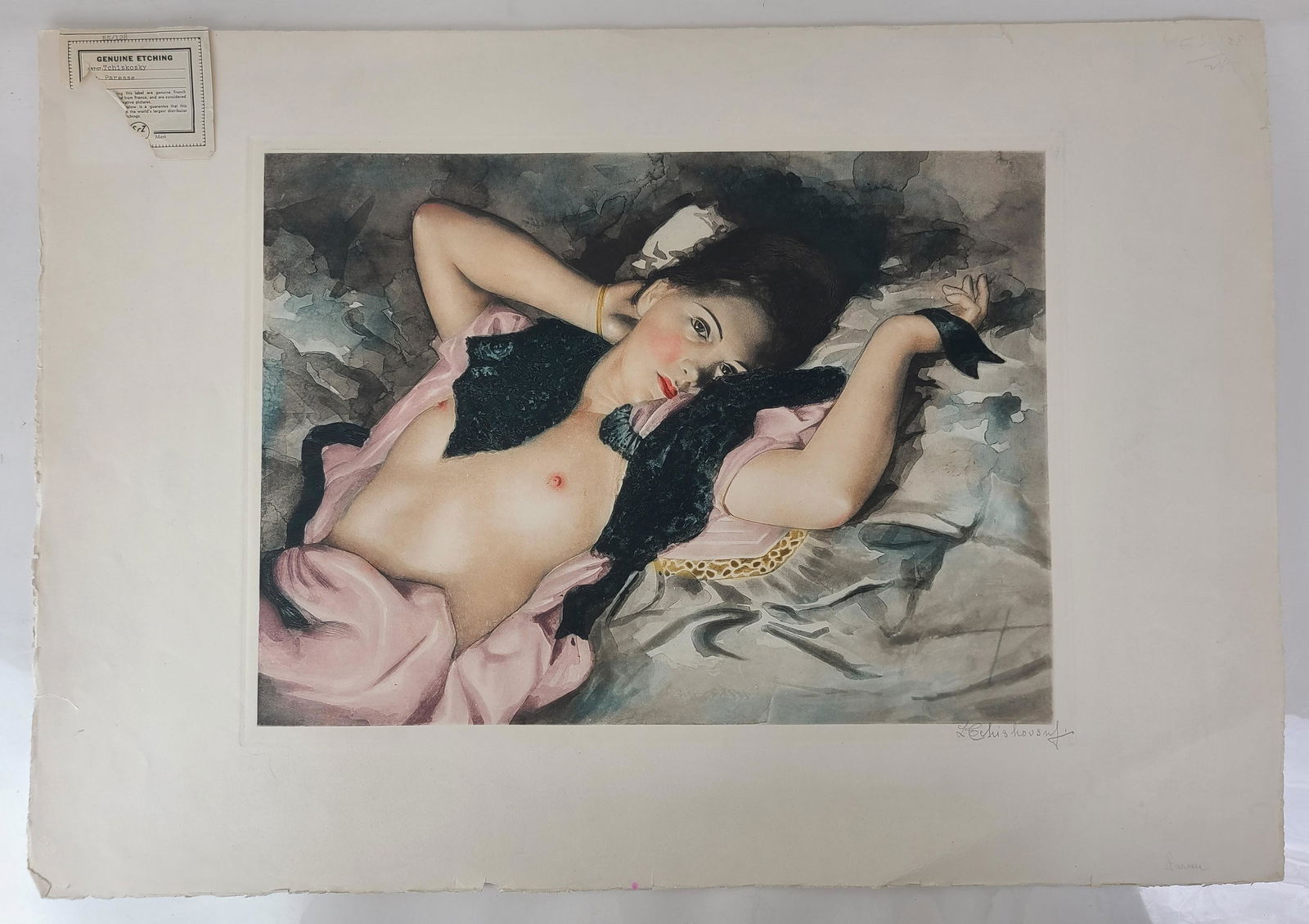 TCHISKOSKY: Female Nude - Etching & Aquatint: Etching and aquatint, unframed, of a female reclining nude, ES128, "Paresse". Published by Phyllis Lucas Gallery. Provenance: Phyllis Lucas Gallery, NYC. [Art" 14" H x 19" W; Frame: 20.5" H x 29.5" W]