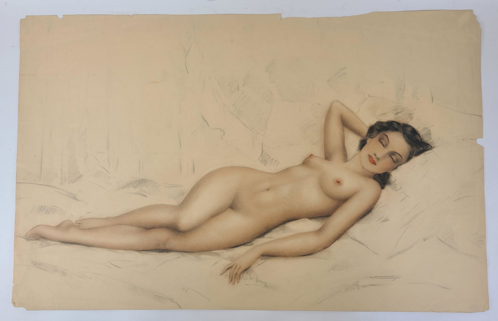 Reclining Female Nude - Unsigned Drawing: Colored pencil drawing, 1920s-30s, unframed, of a reclining female nude, signed illegibly lower right. Provenance: Phyllis Lucas Gallery, NYC. [Sheet: 23.5" H x 37" W]. In good condition.