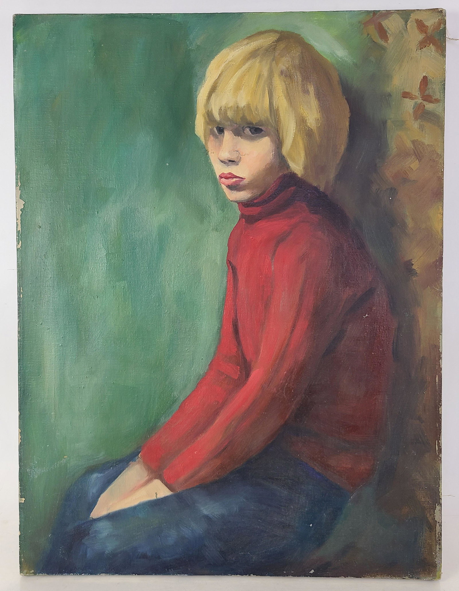 Self Portrait - Oil on Canvas Painting: Self-portrait, unsigned, unframed, in oil on canvas, 1972. Provenance: Phyllis Lucas Gallery, NYC. [Overall: 23" H x 17" W]. Chipped paint on edges; worn.