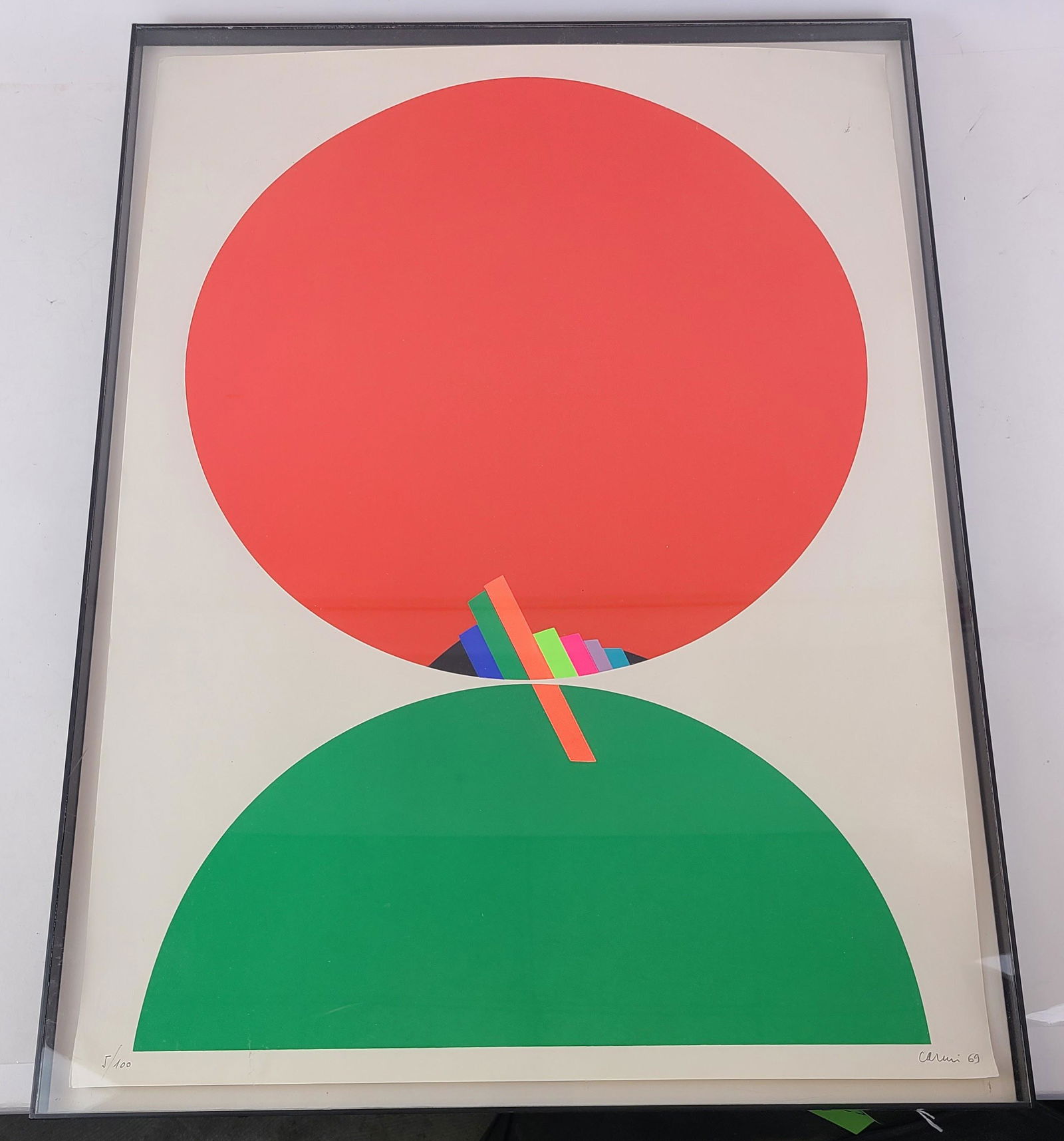 Eugenio CARMI: Color Screenprint: Color screenprint by Eugenio Carmi, 1969, signed lower right, numbered 5/100, with blind stamp, in shadowbox frame. Provenance: Phyllis Lucas Gallery, NYC. [Art: 25" H x 18" W; Frame: 27" H x 20" W].