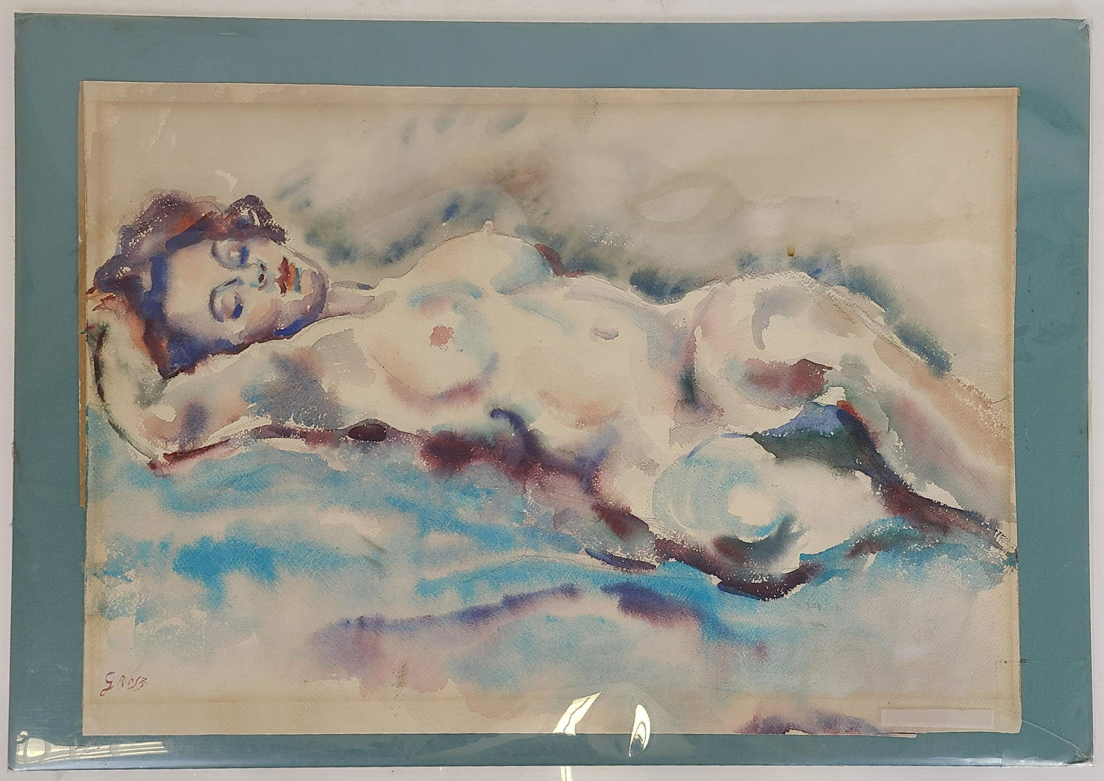 George Grosz, Reclining Female Nude, Watercolor: George Grosz (German 1893-1958), Reclining Female Nude, watercolor on paper, signed lower left, unframed, 14" H x 20" W.