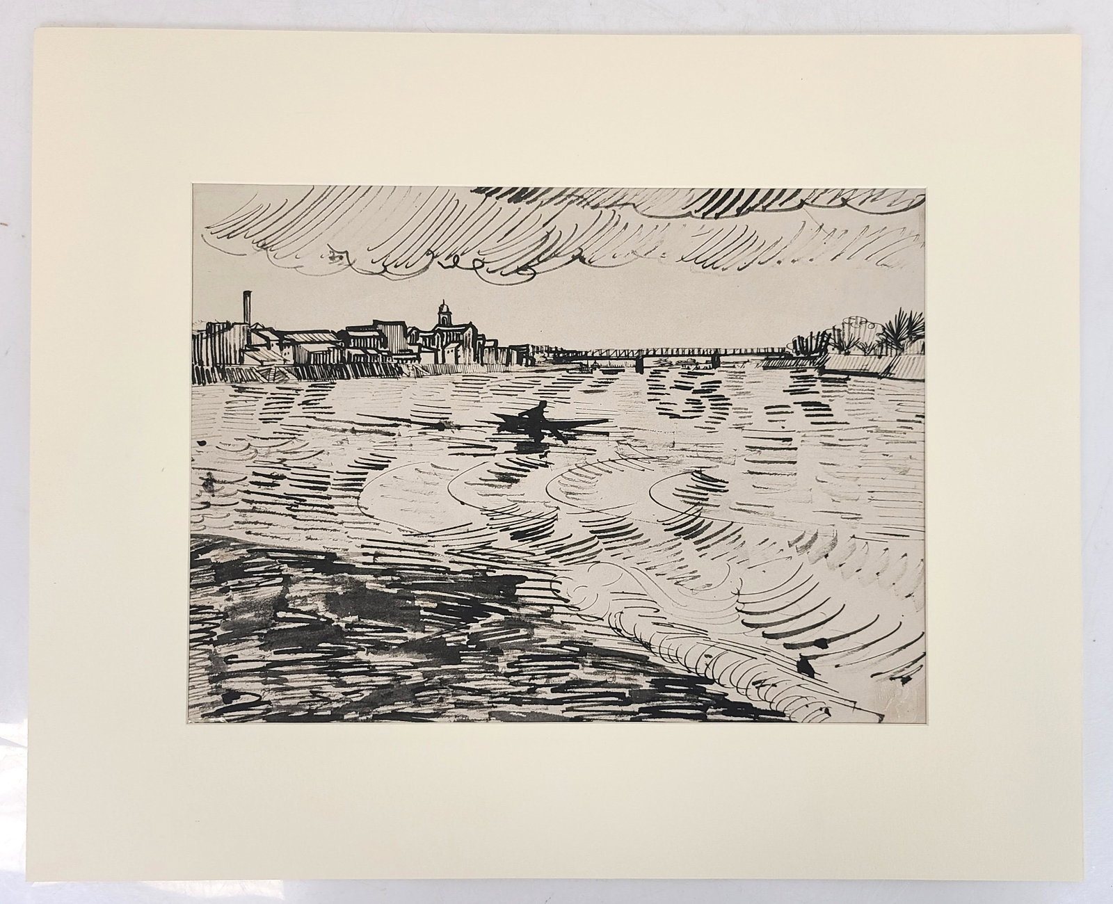 After Vincent Van Gogh, "The River Rhone," Lithograph: After Vincent Van Gogh, "The River Rhone," lithograph on paper, published by Marees-Giesellschaft, Munich, c. 1919, blind stamp lower right, unframed, sight: 9.5" H x 13" W, mat: 15" H x 18.5" W.