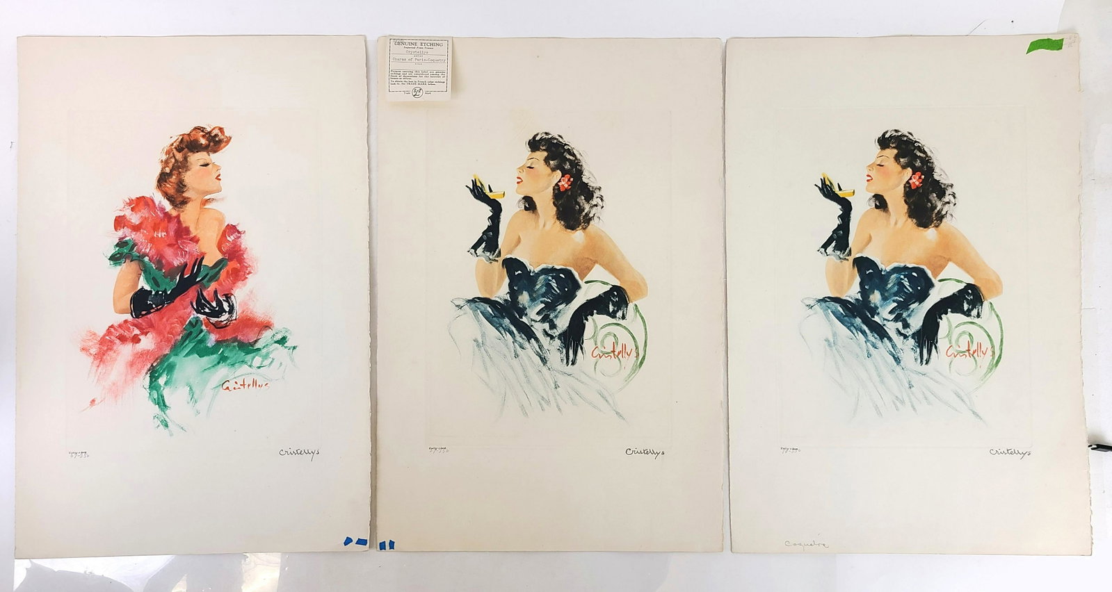 Vincent Cristellys, "Charms of the Paris Coquetry," tching, 3 PCS.: Vincent Cristellys, "Charms of the Paris Coquetry," three color etchings from an edition of 350, published by Sydney Z. Lucas, signed in plate, signed in pencil lower right, numbered in pencil lower l