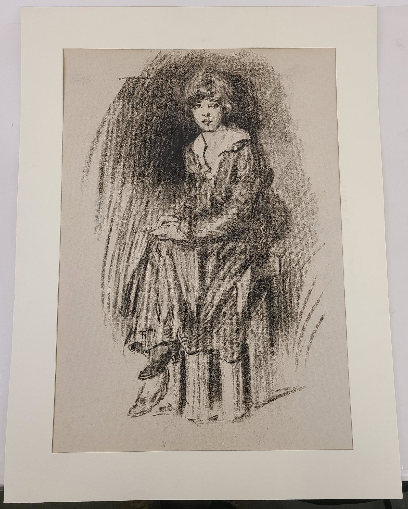 Portrait of Young Woman, Charcoal: Portrait of a Young Woman, charcoal on laid paper, watermarked "MBM France," unframed, sight: 23" H x 16" W, mat: 28" H x 21.25" W.