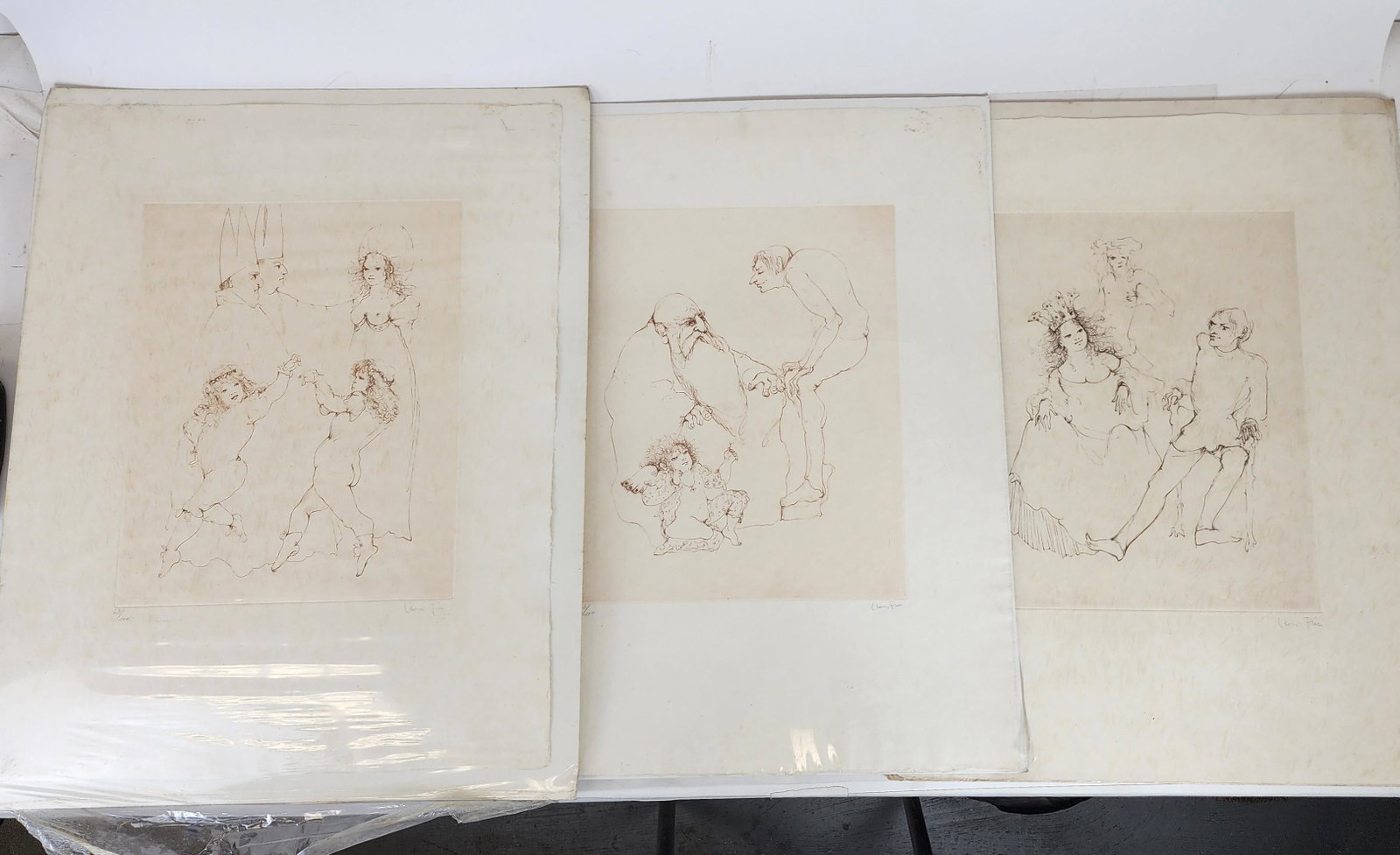 Leonor Fini, Etchings with Erotic Theme, 3 PCS.: Leonor Fini (Argentine/Italian 1907-1996), 3 etchings by Fini for Oskar Panizza's "Le Concile d'Amour" (The Council of Love), depicts figures and an erotic theme, c. 1975, signed in pencil lower right