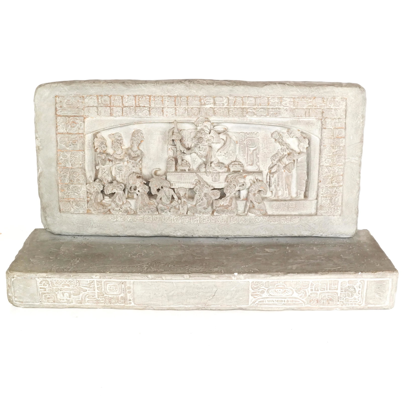 Composition Replica Mayan Plaque on Bracket: Composition replica Mayan plaque, the relief display resting on self composition shelf with wood shelf bracket. [11" H x 21" W x 7" D]. Shelf bracket and plaque in two pieces.