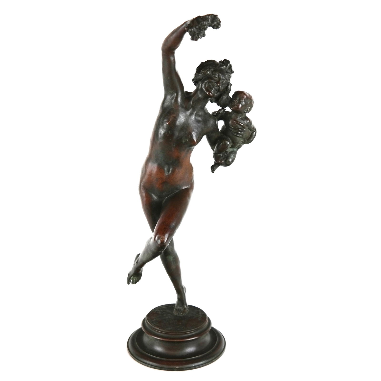 Frederick MACMONNIES: Bronze Bacchant Infant Faun: Frederick William MacMonnies (American, 1863-1937) brown/verdigris bronze bacchant infant faun sculpture; marked France and H. Rouard Fonduer, numbered 77 under base, 1893. [16 1/2" H x 5 3/4" W]. In