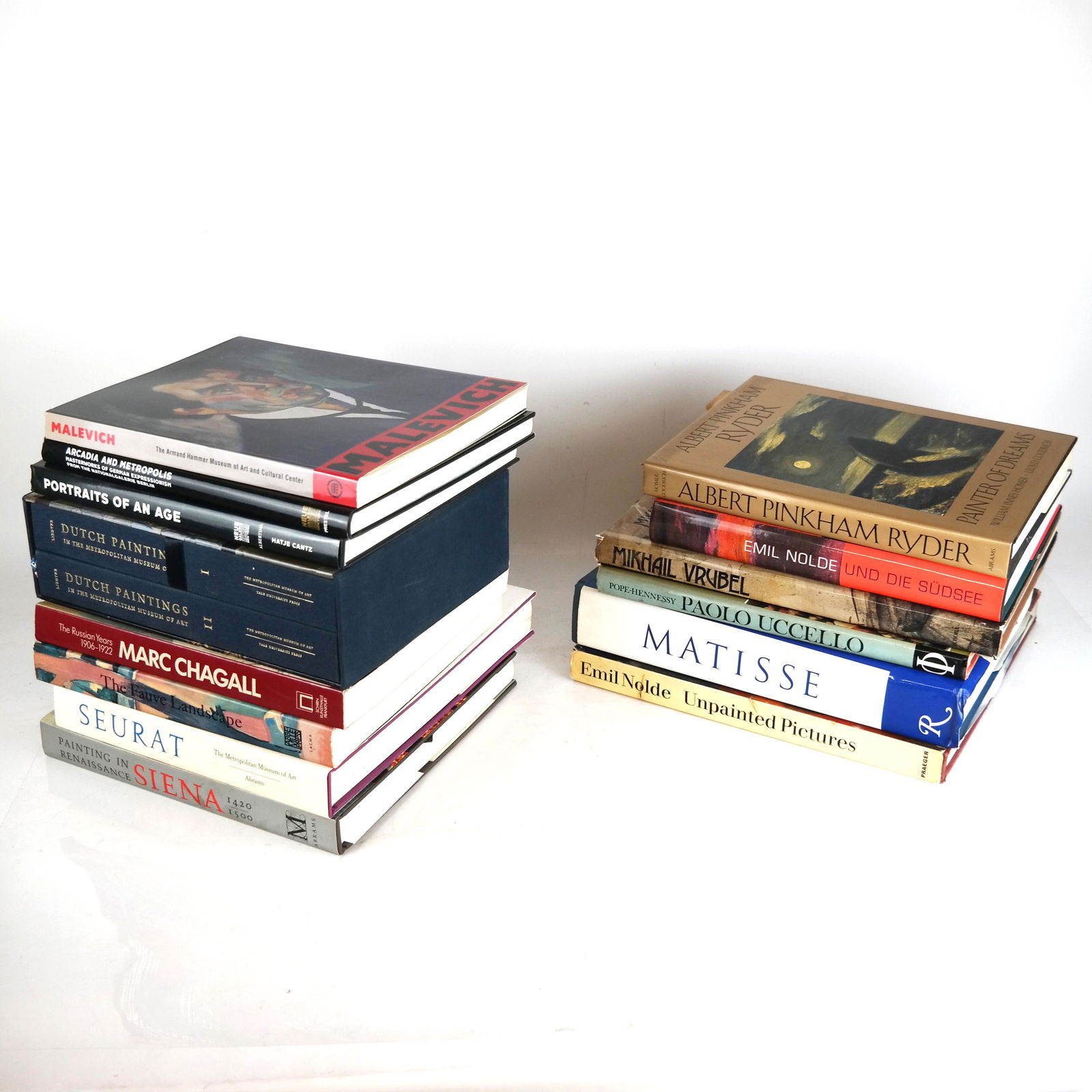 Books on Fine Art 15th-20th Centuries: Books on fine art 15th-20th centuries, artists including Emil Nolde, Henri Matisse, Marc Chagall, Georges Seurat, Paulo Uccello, and others, issued by Rizzoli and others. [Largest: 13 1/2" H x 10" W].