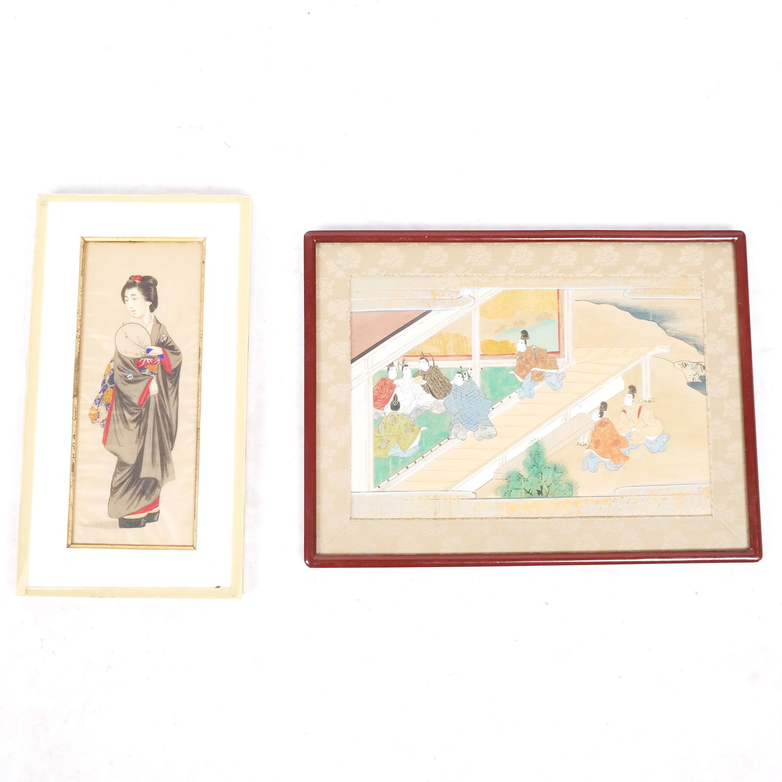 Two Japanese Paintings on Cloth: Two Japanese paintings on cloth, both framed, one of a woman with kimono and fan, the other with fabric "French" mat and attribution to Tosa Mitsunari from Tokugawa period. [16 1/2" H x 9" W x 3/4" D