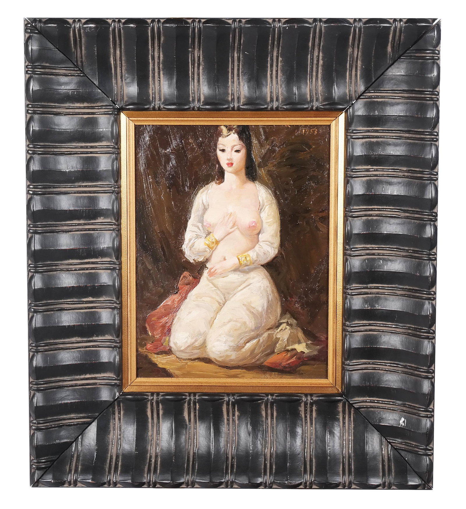 Alexander BASHBEUK-MELIKIAN: Nude Portrait - O/C: Alexander Bashbeuk-Melikian (Armenian, 1891-1966) oil on canvas portrait of a semi nude woman in white rob kneeling; signed upper right and date, 1953. [Art: 12" H x 9" W; Frame: 22 1/2" H x 19 1/2" W