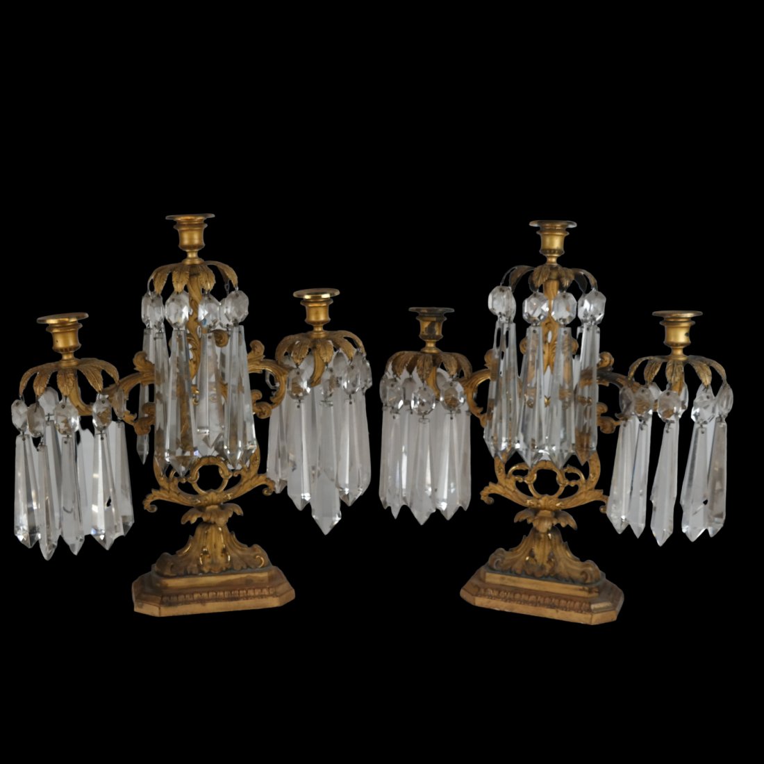 Pair of Large Bronze American Girandoles: Pair of large bronze American "Blakes Patent" girandoles in cut glass and bronze, parts with polished highlights, cast with title to one side. [16 1/2" H x 15" W x 5" D]. Chips and losses to drops. Tw