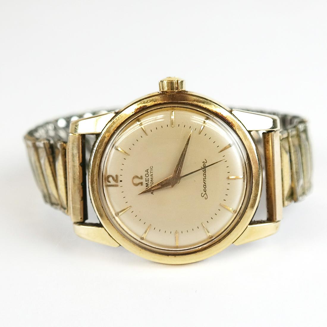 Omega Gold Plated Seamaster Wrist Watch: Omega gold plate Seamaster automatic wrist watch. Not running.