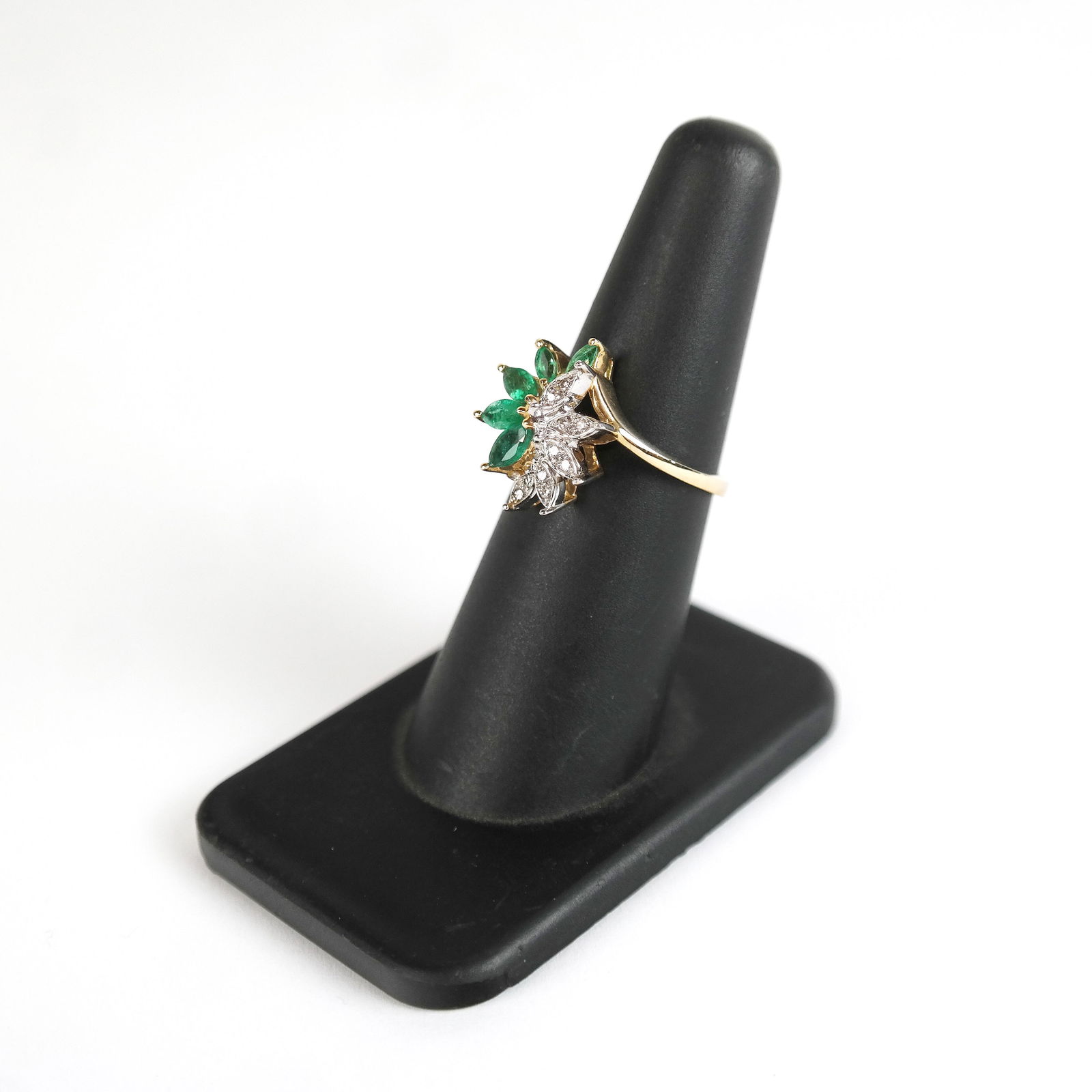14K Yellow Gold, Emerald & Diamond Cocktail Ring: 14k yellow gold, emerald and diamond cocktail ring; stamped 14k, CEI. (4.1 grams / 2.7 dwt.). [Ring size: 6].