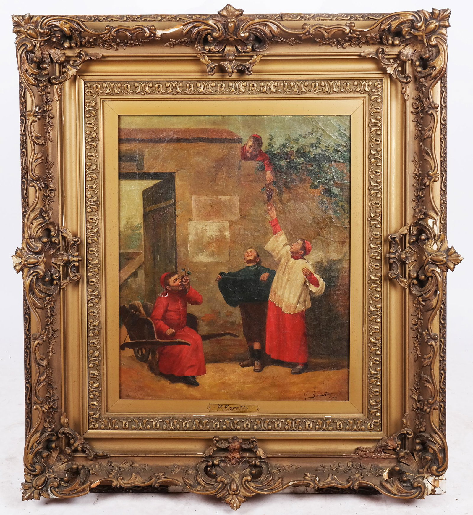 V. SORELLA: Altar Boys Eating Grapes - Oil/Canvas: Italian oil on canvas painting of altar boys eating grapes, signed V. Sorella; in carved giltwood frame. [Art: 22" H x 18" W; Frame: 36" H x 32" W]. Small hole in canvas, small repair to canvas. Losse