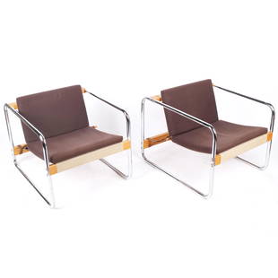 Mid-Century Modern Michel Dallaire Armchairs (2): Pair of mid-century modern Michel Dallaire "Habitat Garden Chairs", designed in the 1970s for Jacques Guillon by Karema, with chrome tubular frames with fabric panels and wood slats. [22" H x 25" W x