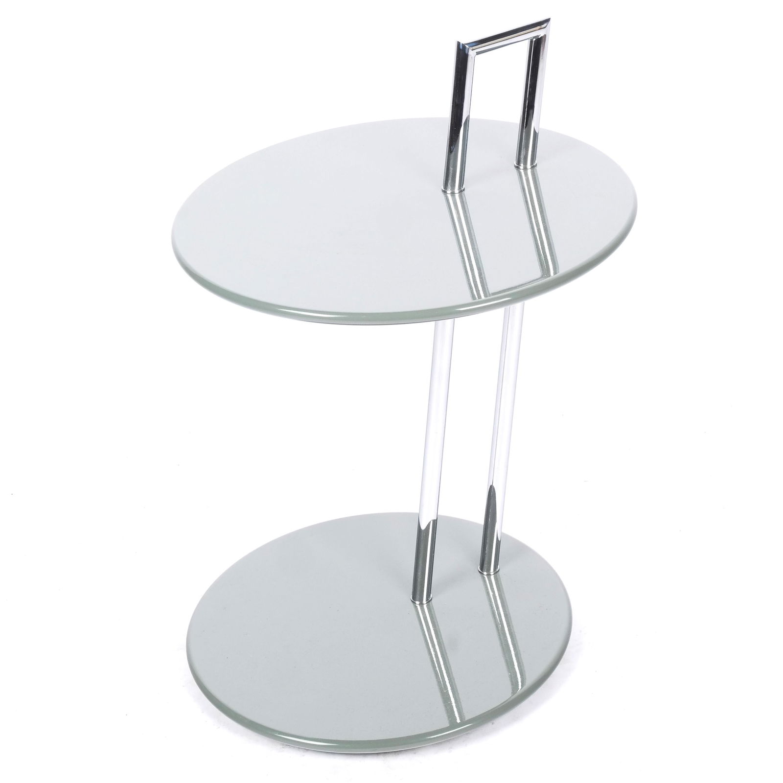 Eileen Gray Lacquer Occasional Side Table: Eileen Gray (Irish, 1878-1976) gray lacquer occasional side table, designed in 1927, with cantilever tiers on chrome tube frame; label to base. [22 1/2" H x 17" Diam.]. Minor wear.