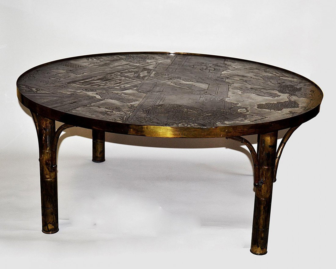 Philip & Kelvin Laverne Cocktail Table: Circular cocktail table with bronze and nickel top depicting a Chinese court scene. Signed at bottom left, "Philip. K. Laverne." bears straight bronze-finish faux bamboo legs. 40" Dia x 17" H. In good