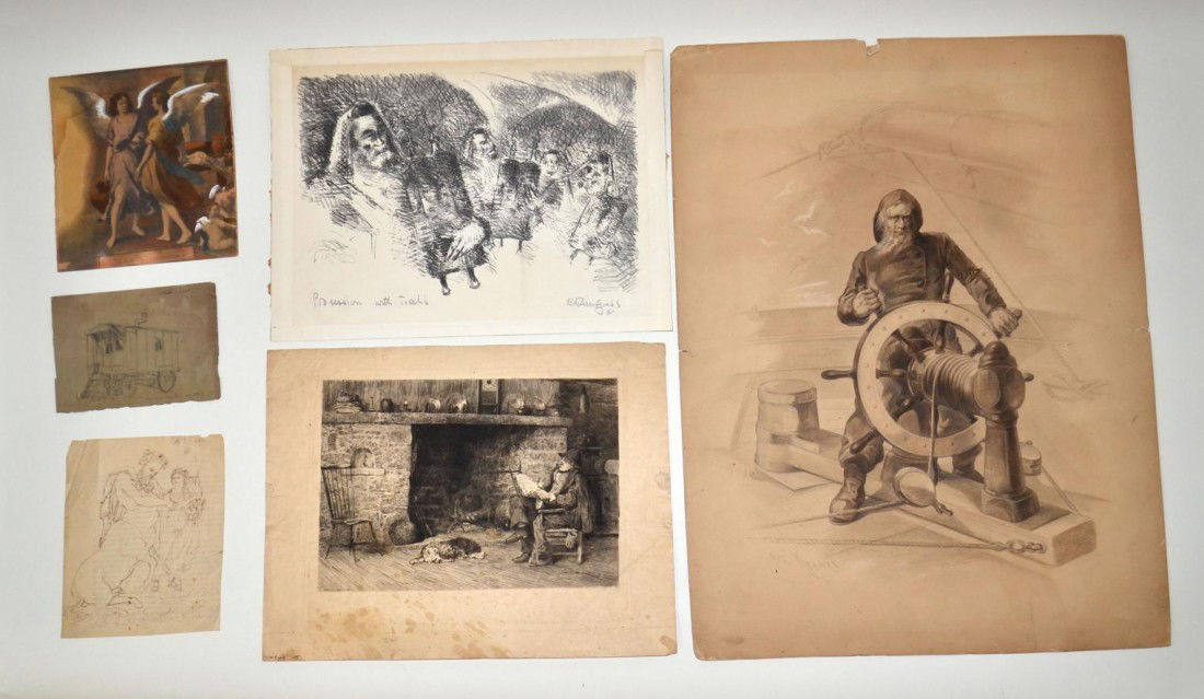 Signed 19th & 20th C. Works on Paper (14): Includes: Wm. H. Lippincott (drawing and etching), Philipp Frank (etching), Leon Louis Dolice (aquatint), Chaim Gross (print), Joseph Pennell (etching), Peter Kramer (drawing), and others. Images size