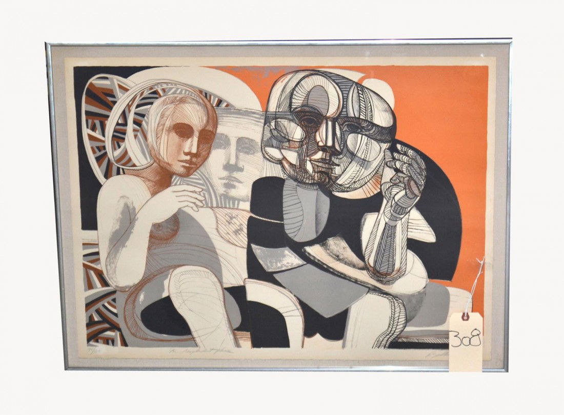 Arnold Belkin Lithograph "In Resplendent Places": Abstract linear composition with three faces. Inscribed and signed in bottom margin "74/120 In Respendent Places, Belkin 1968", in pencil. Light toning, otherwise good. Image: 20.75" x 28.75". Frame: