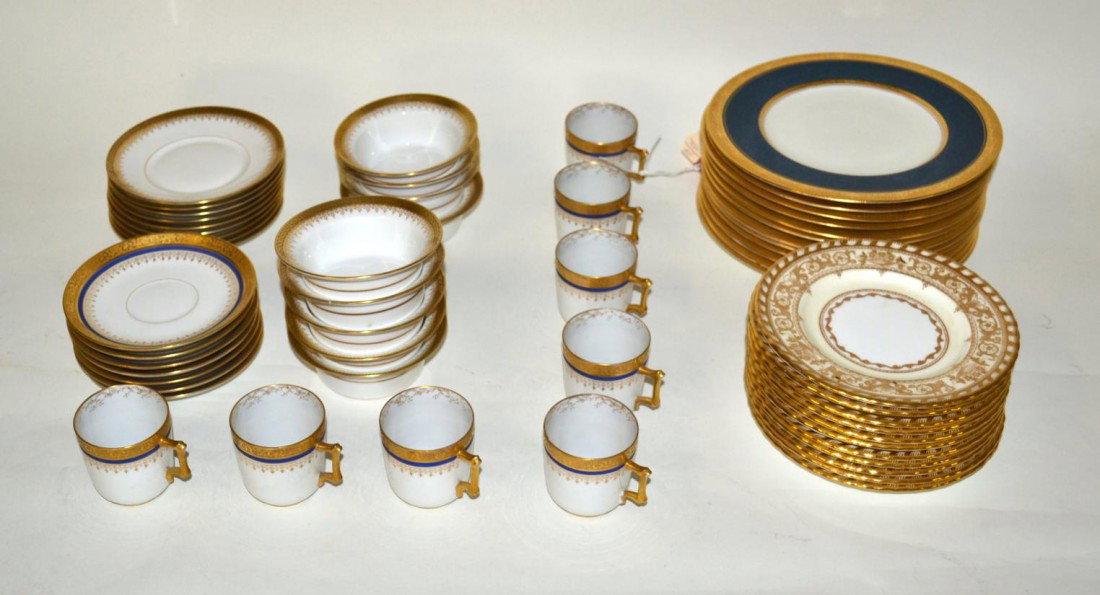 Fine China, Minton for Tiffany, Limoges, Etc.: Comprises: 12 Royal Worcester cake plates, 12 Minton for Tiffany crumb plates, nine Limoges Pots de Creme with nine matching under plates, eight Limoges demitasse cups with seven matching saucers. Som