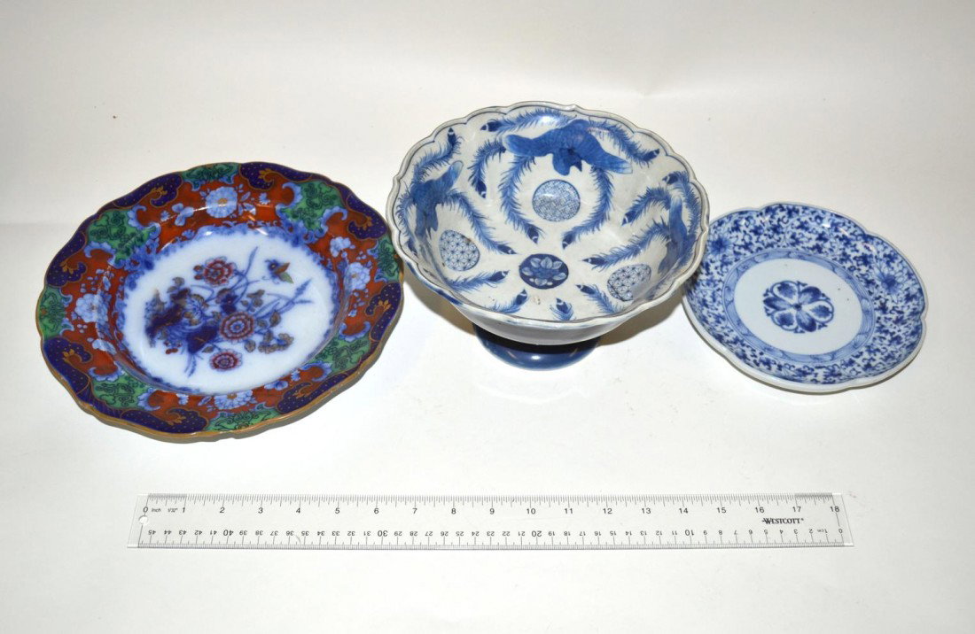 Chinese Porcelain & Ironstone: Two blue and white porcelain objects, including a scalloped rim bowl and shaped plate, together with a decorated Ironstone, England. Good condition. 10" dia (Ironstone), 4.5" H x 8.5" dia (bowl), 7.5"