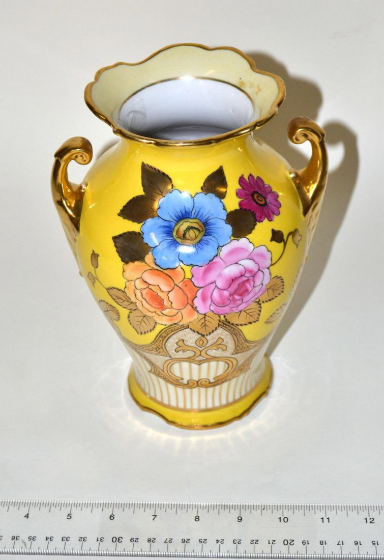 Noritake Floral Vase: Japanese vase, yellow glaze, floral decor, gilt handles. 8.5" H. Good condition.