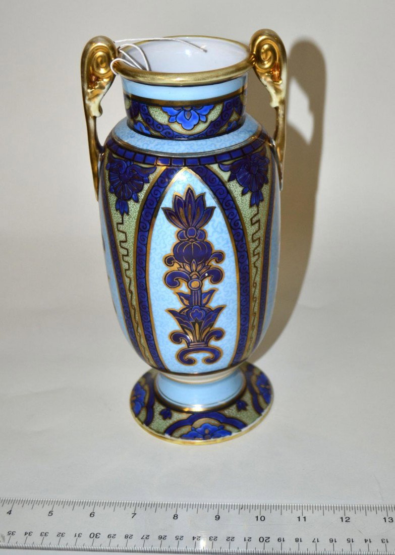 Nippon Decorated Vase: Japanese vase, green and blue glaze, floral decor, gilt handles. Good condition. 10.5" H.