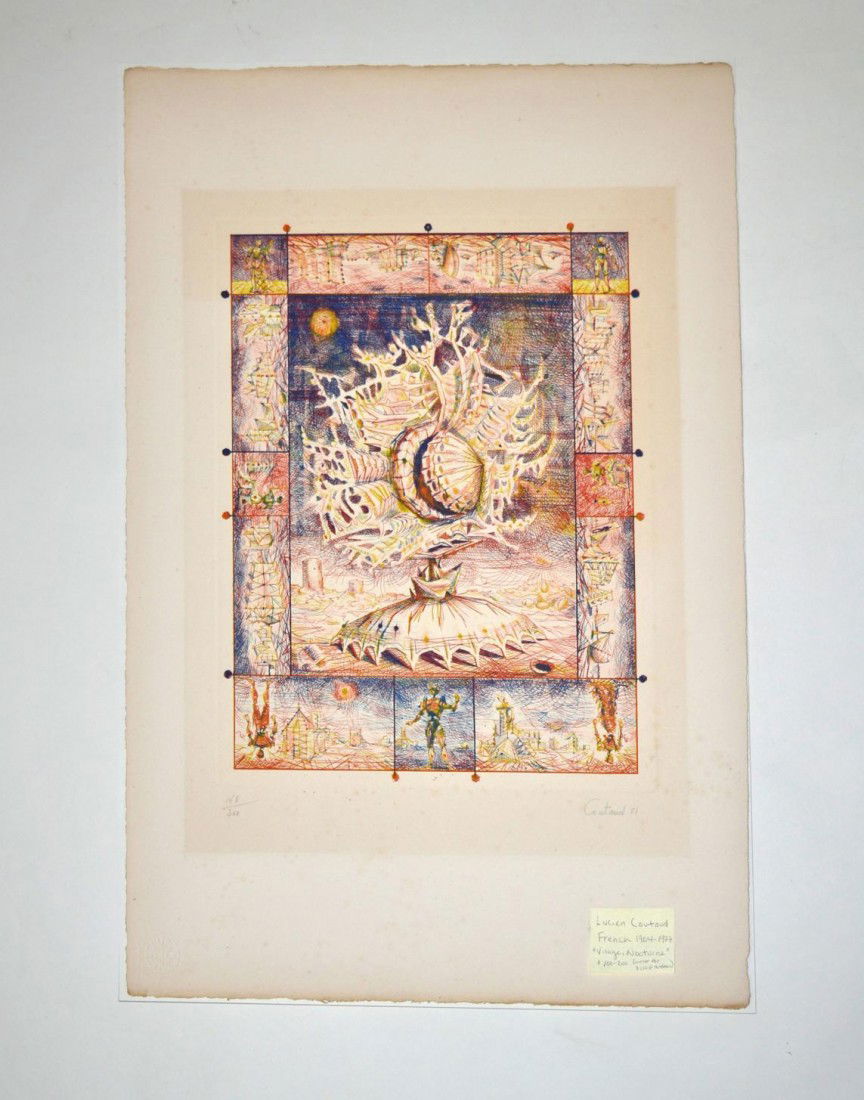 Lucien Coutaud Engraving, "Visage, Nocturne": Surreal composition with multiple figures in border and abstract shell-form at center. Signed and numbered in bottom margin, "168/200 Coutaud 51." Bears a "Guilde de la Gravure" circular embossed dry