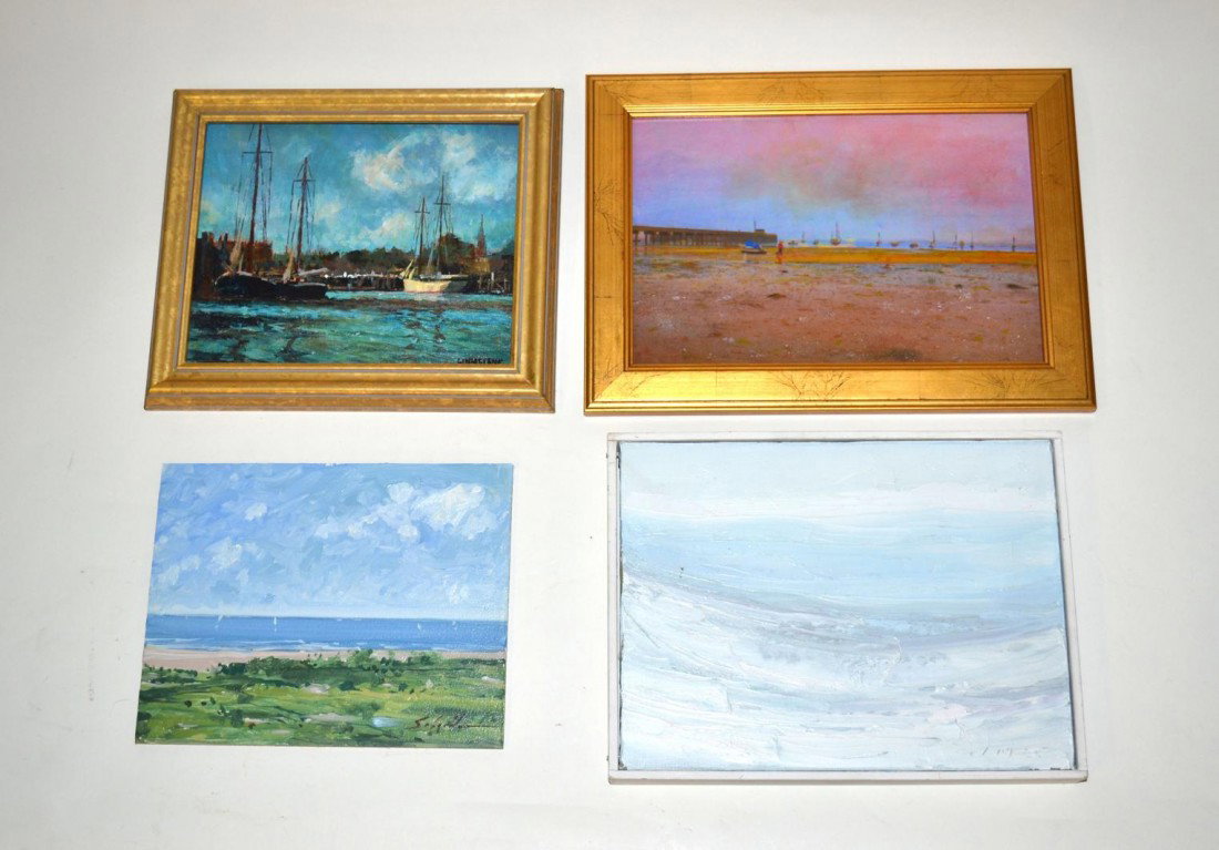 Provincetown and Cape Cod Oil Paintings: Comprises: oil on board "Cape Cod Beach Vista" signed at bottom right illegibly, 8" x 10 1/8", oil on canvas depicting a harbor with boats, signed "W. M. McLane" at bottom right, image: 7.5" x 9 3/8";