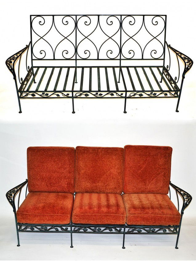 Florentine Craftsmen, Two Settees: Pair of iron floral decorated settees, by Florentine Craftsmen. 74.5" x 29.5" D x 34" H.
