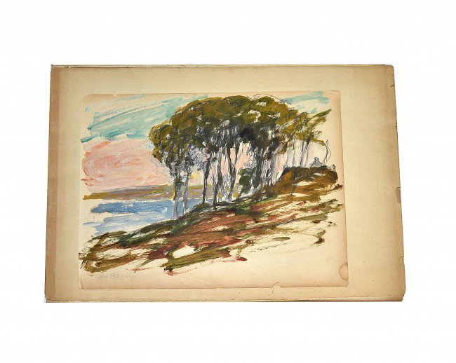 Paul Signac (1863-1935) Watercolor: Unframed watercolor and pencil of an island scene with trees, signed and dated "P. Signac 1912" (lower left). 10.5" x 14". Some edges of paper torn.