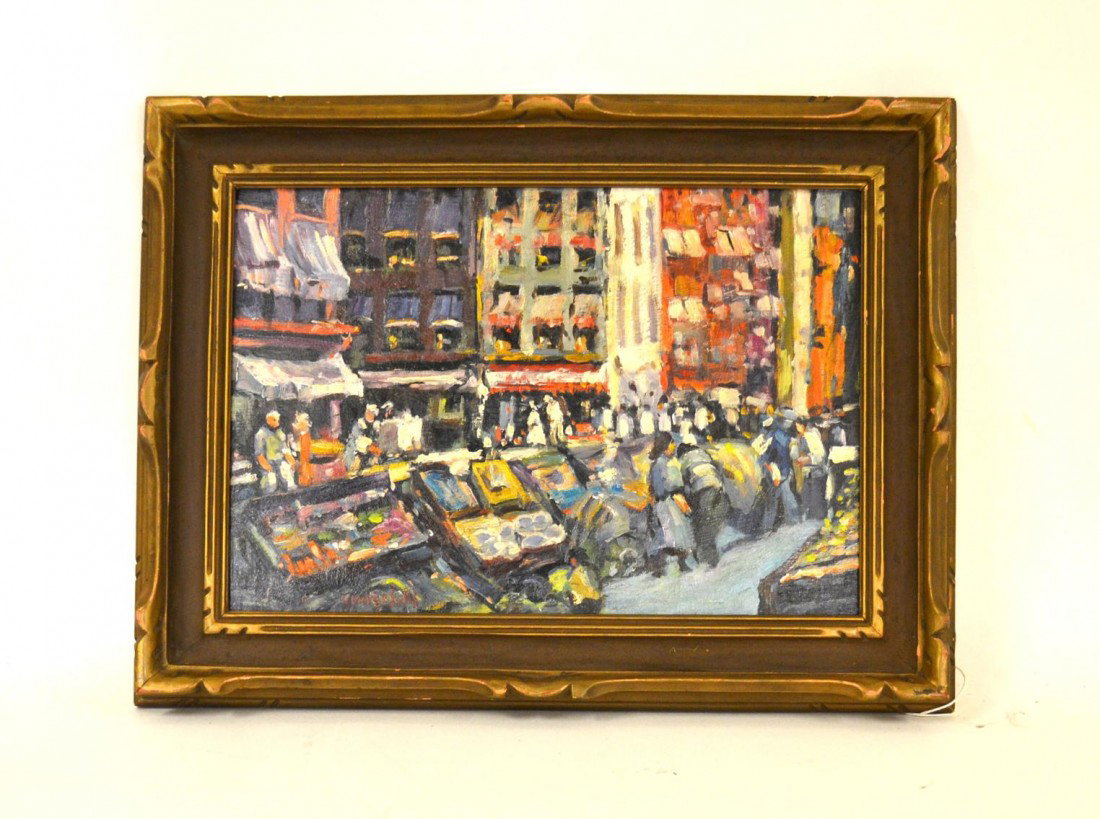 Manner of George Luks, Village Scene: Oil on masonite framed village street scene, in the style of George Luks. Good condition