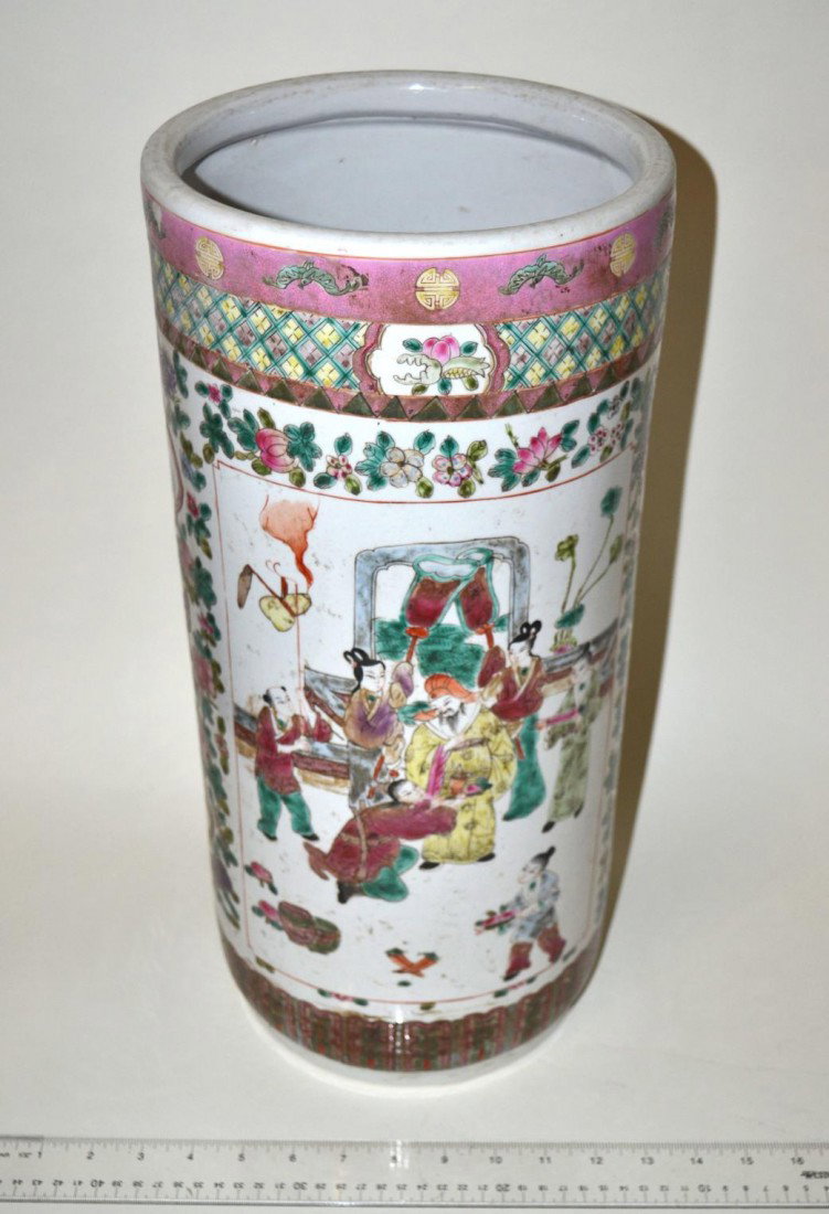 Chinese Famille Rose Umbrella Stand: Features court scene and bird decor. 18.25" H x 8.75" dia