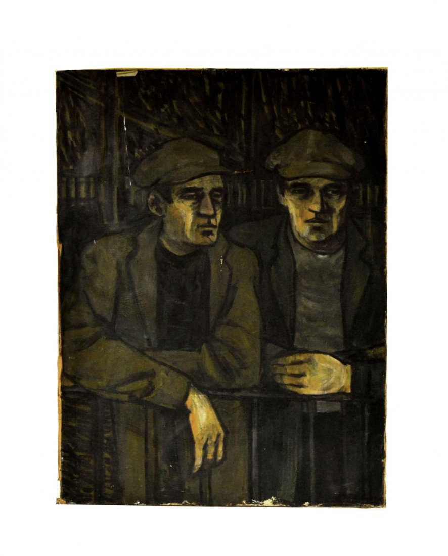 John Stewart Curry Oil on Canvas, Two Men: Social realist style oil on canvas depicting two men in 3/4 length profile poses. Signed bottom right "John Stewart Curry." Art: 48" x 36". Needs restoration and relining. Canvas bears punctures and c