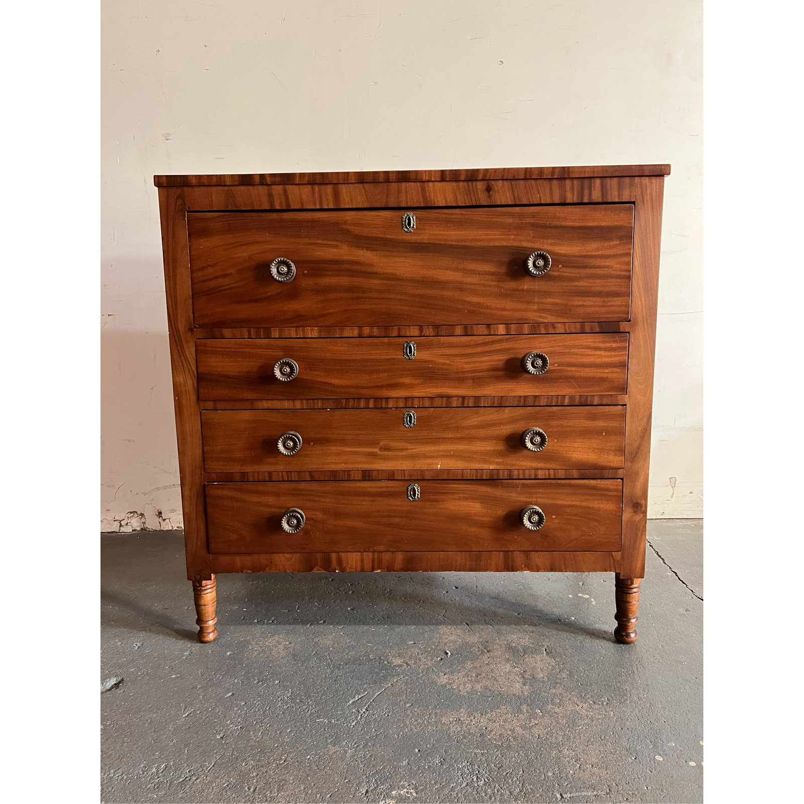 English Butler's-Style Chest: English mahogany four-drawer chest. [43 1/2" H x 43 1/2" W x 19 1/2" D]. In good condition.
