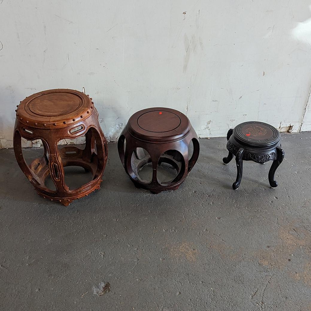 Antique Rosewood Tabouret, Two Others: Antique rosewood tabouret with two others, the largest one having raised button-form apron.