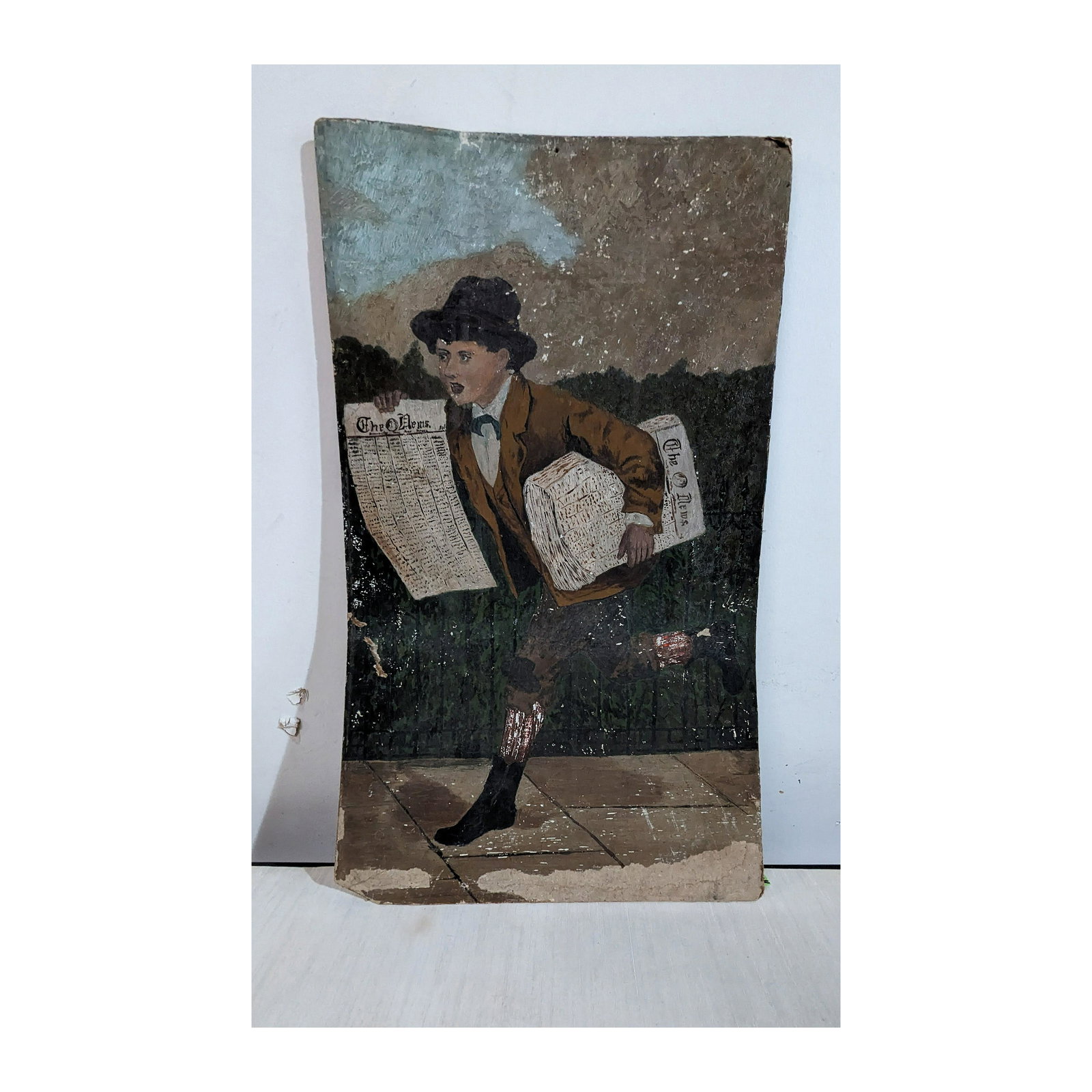 Newsboy - Outsider Art Painting: Outsider Art painting of a newsboy. [21" H x 11" W]. Paint loss at bottom.