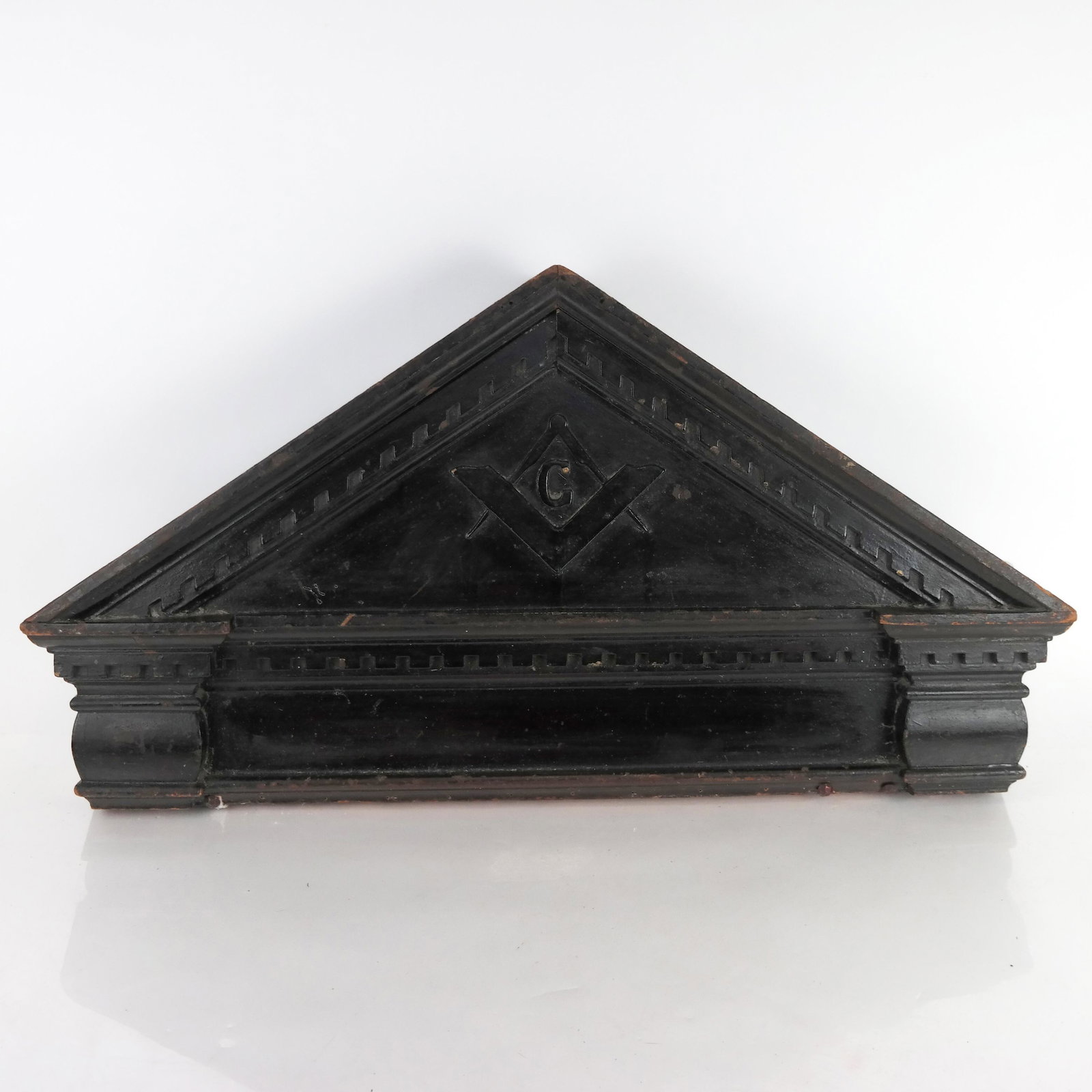 Mason's Arch-Form Carving: Antique carved arch from a mirror or window, with Freemason insignia. [14 1/4" H x 27" W x 3" D ].