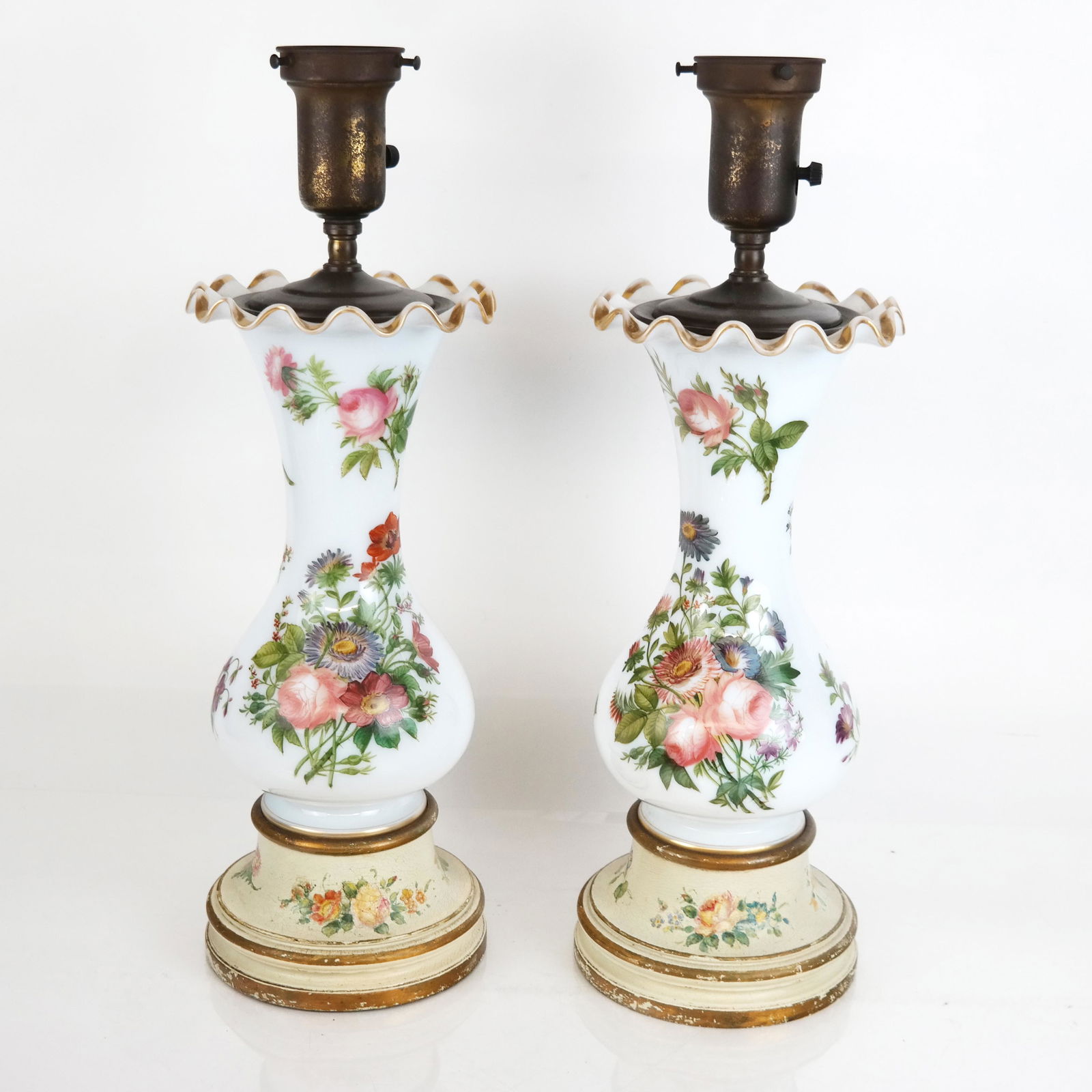 Pair of French Frilled Edge Opaline Vases as Lamps (1 of 9)