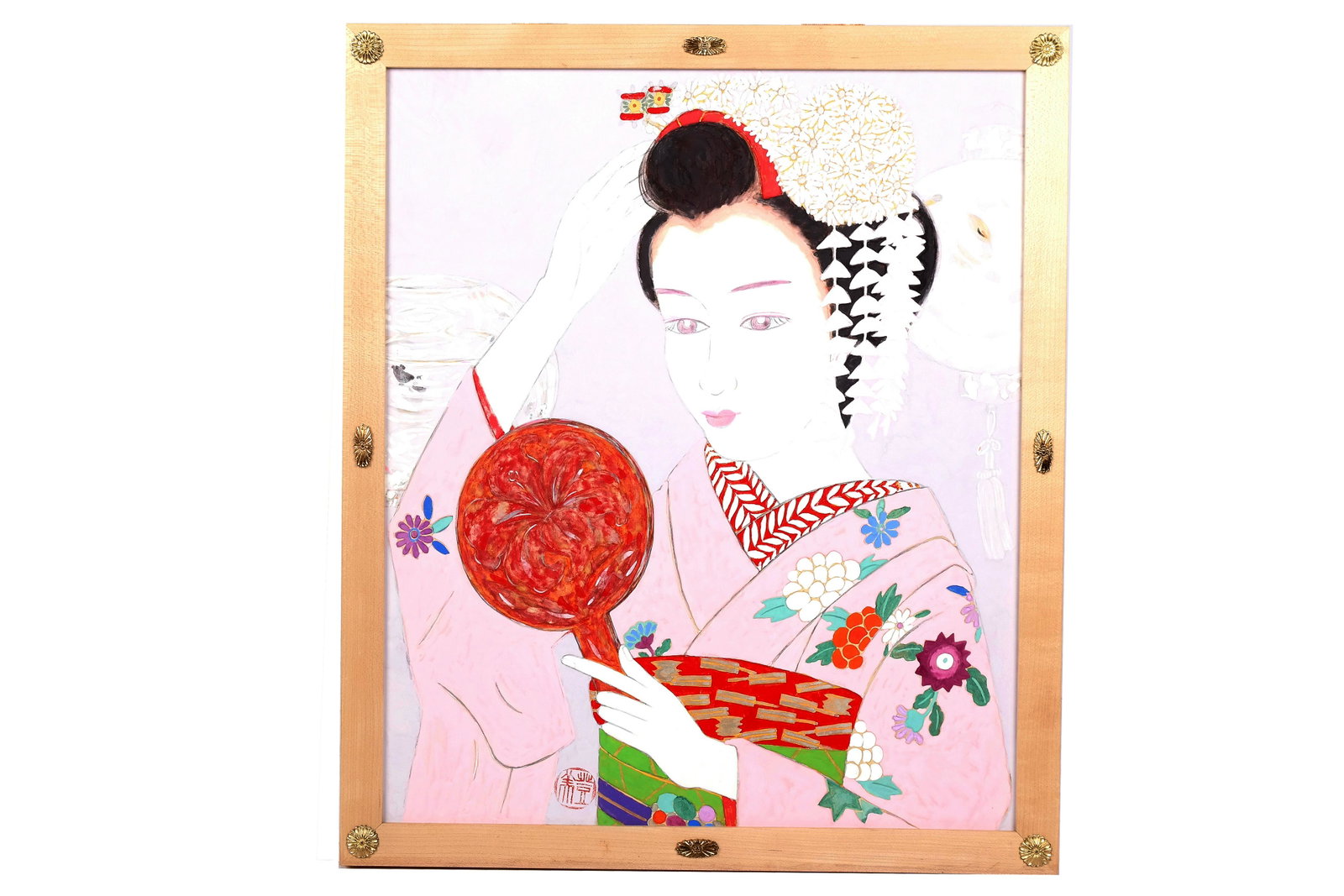 Tomiko KATO: "Autumn" - Oil & Watercolor: Tomiko Kato (Japanese, b. 1936) oil and watercolor study of a woman with hand mirror and flowers, titled "Autumn". In cardboard case. [Art: 20 1/2" H x 17 1/2" W; Frame: 23" H x 20" W].