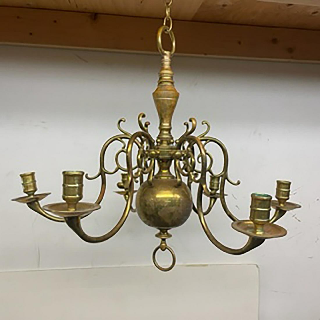 Antique Dutch Bronze Chandelier: Turn-of-the-Century bronze chandelier, not electrified, heavy weight construction chandelier, imported to the U.S., probably Dutch.
