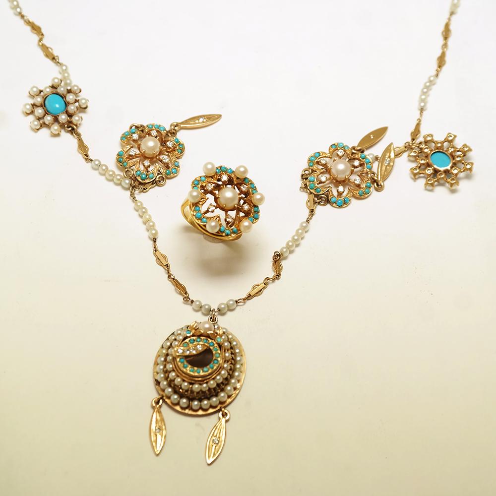 Vintage 14K, Diamond, Pearl & Turquoise Set (1 of 3)