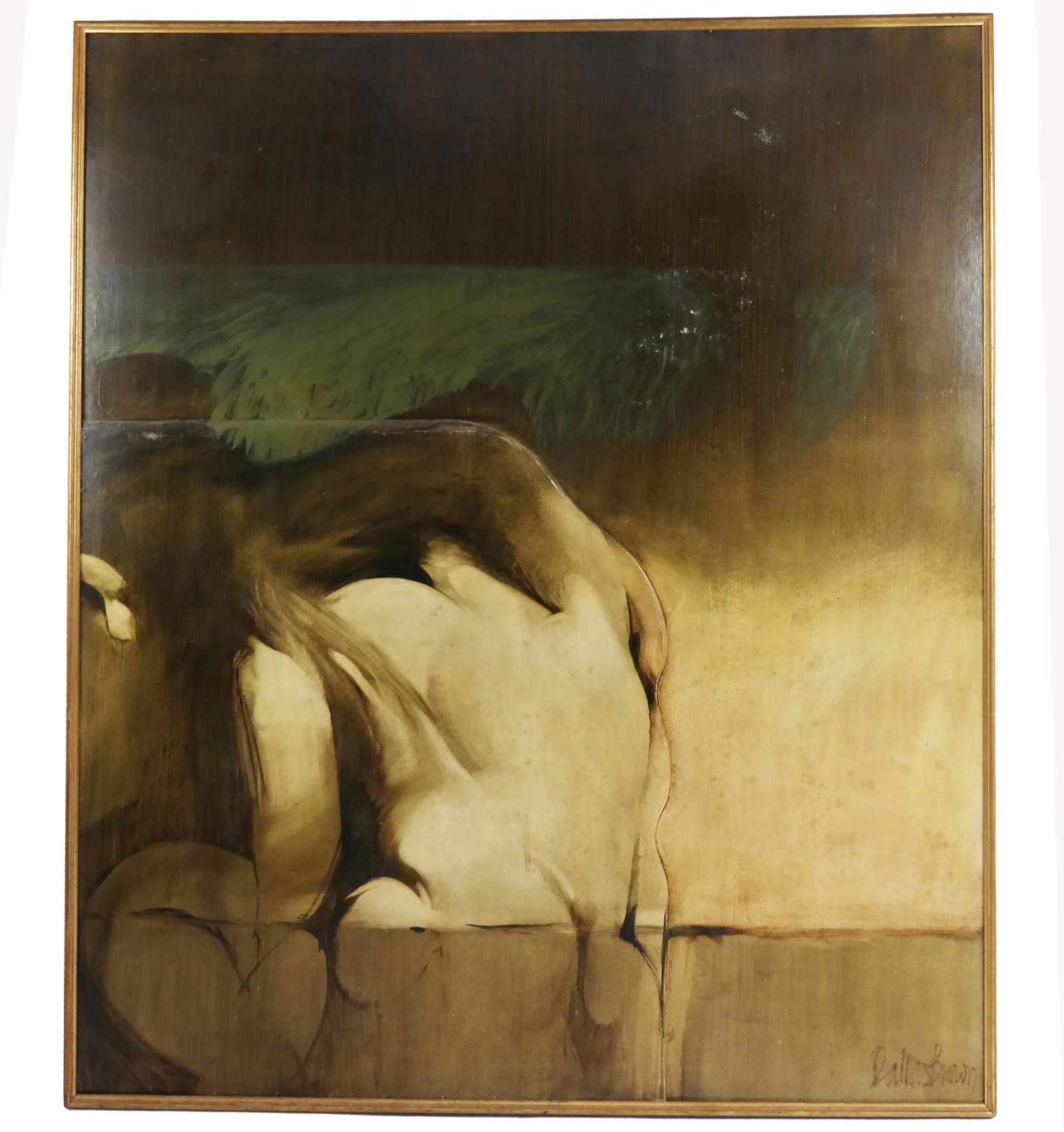 Neil Dallas BROWN: "Lovers and Sandbank": Neil Dallas Brown (Scottish, 1938-2003). Signed oil on cradled masonite. Framed. [42.5 x 36.5 x 2 inches]. Provenance: The Piccadilly Gallery, June 1968. Labeled with original purchaser information. I