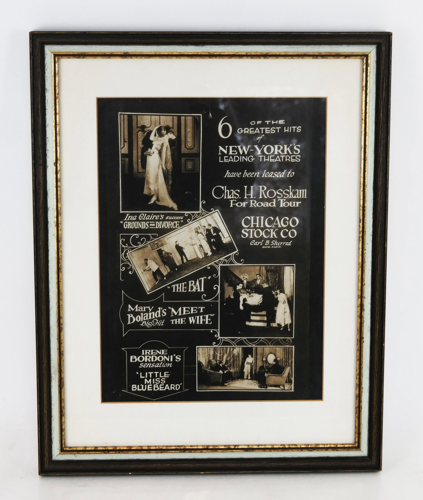Vintage Chicago Stock Co. Lobby Card Poster: Vintage Chicago Stock Co. lobby card poster noting the greatest hits of New York theaters leased to Charles (Chas.) Henry Rosskam's Road Tour. Matted and framed. [Frame: 18 3/4" H x 14 3/4" W]. Some c