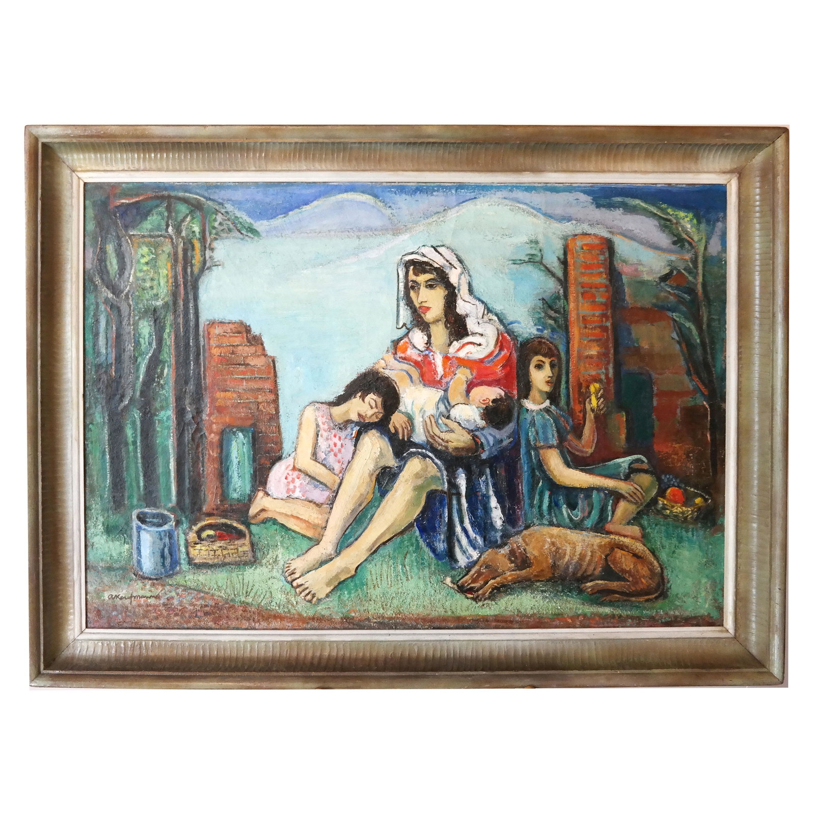 Arthur KAUFMAN: Mother & Children - Painting: Framed encaustic on board painting of a family scene with a dog. [Art: 28" H x 40" W; Frame: 34" H x 45" W]. Restored.