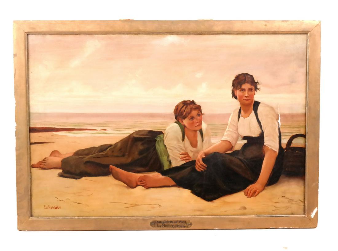 French School: Women on a Beach - Oil Painting: Oil on canvas painting of two women on a beach. Plate reads "Daughters of the Sea, La Monte, Paris". [Art: 19" H x 29" W; Frame: 22" H x 32 1/2" W]. Tear in right side of canvas.