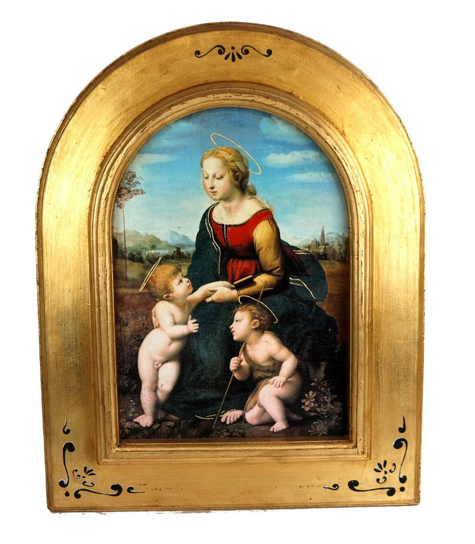 Reproduction of Raphael's "La Belle Jardiniere": A fine quality recreation of "La Belle Jardiniere" by Raphael, skillfully produced, in a broad gilded frame, mounted on canvas. The original circa 1510 is in the Louvre, Inv. 602. [Image: 16" H x 11 1