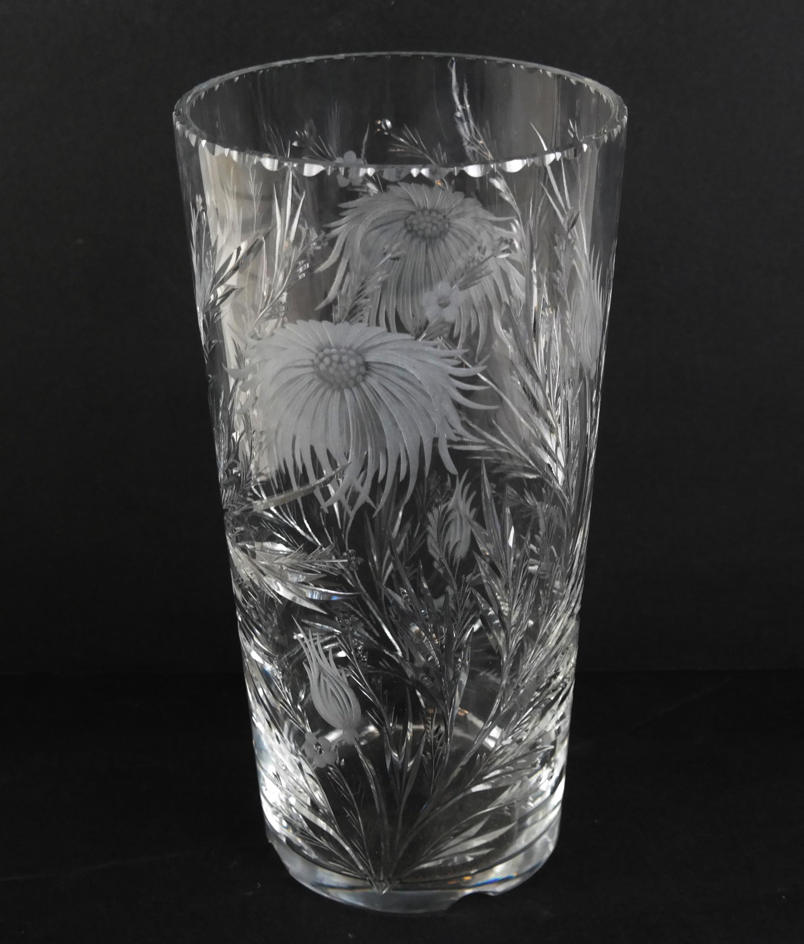 Fine Quality Cut and Carved Glass Vase: Vase of stout porportions, with carved and engraved buds and flower heads, having a carved frieze to neck. [11 3/4" H x 6" Diam.]. In good condition.