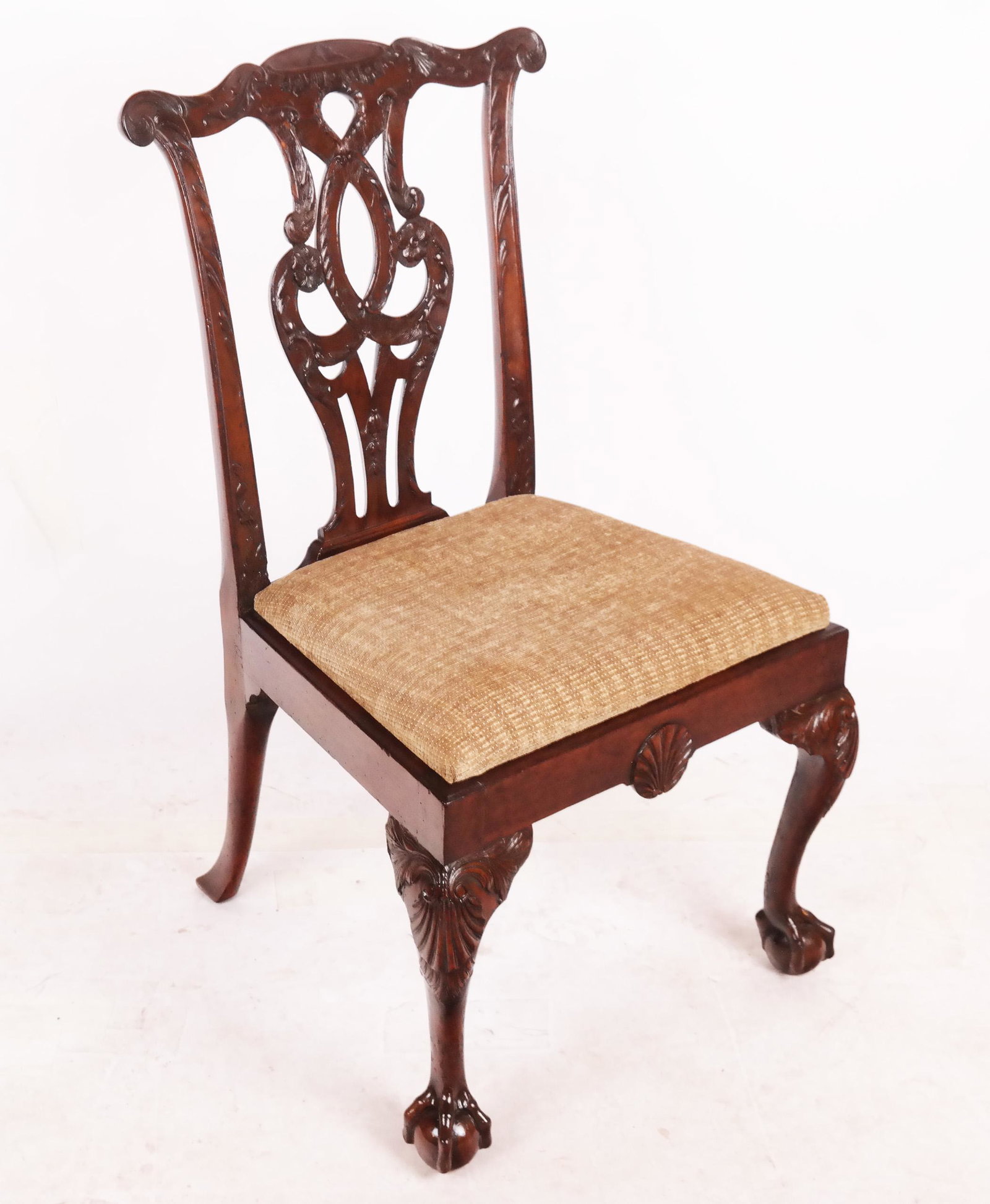 George III Period Mahogany Side Chair: George III period mahogany side chair, very finely carved, with upholstered slip seat, circa 1760. [38" H x 21 1/2" W x 18" D].
