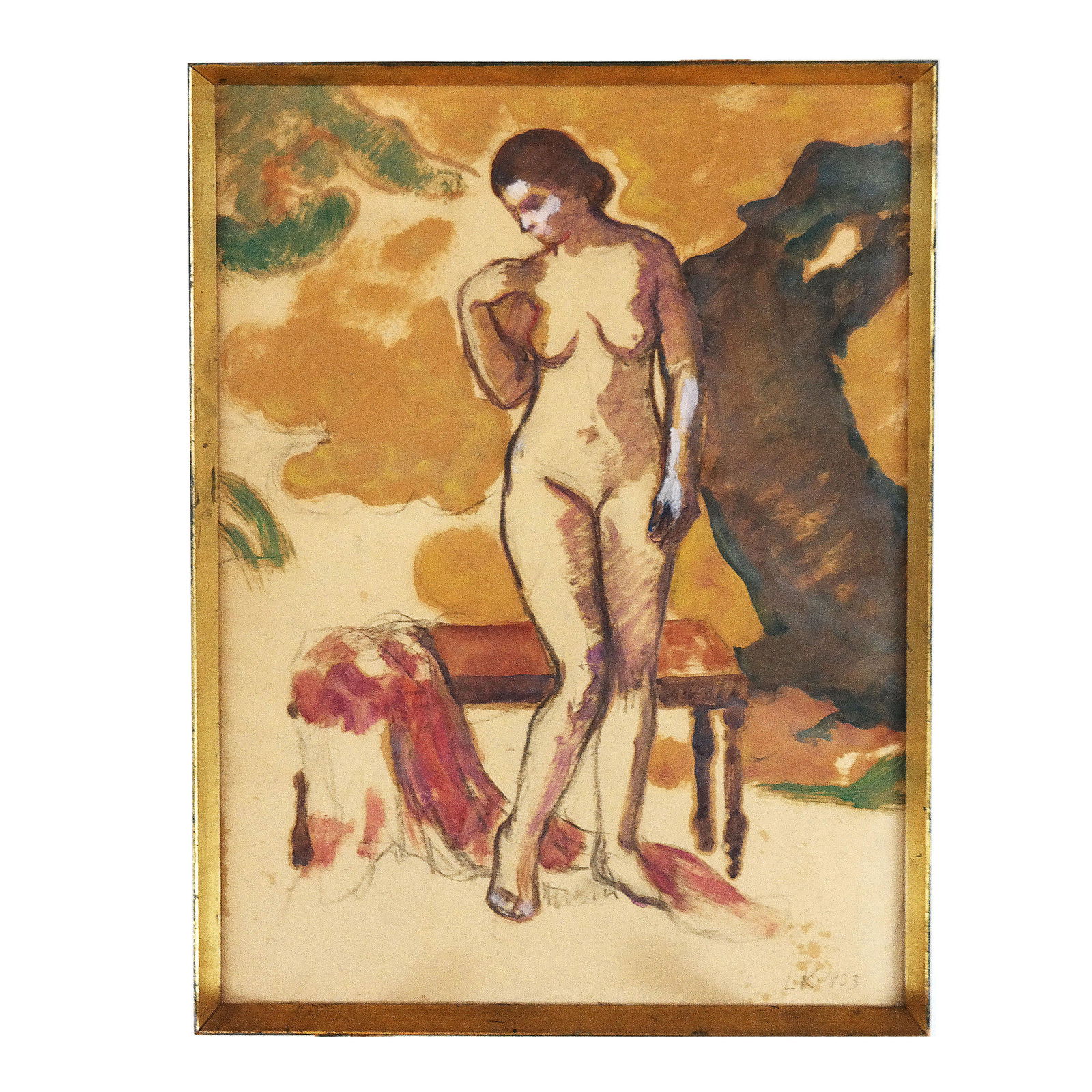 Louis KRONBERG: Nude - Mixed Media: Louis Kronberg (American, 1872-1965) mixed media on paper painting of a nude, initialed lower right, dated 1933. [Sight: 19 1/2" H x 14 1/2" W; Frame: 20 1/2" H x 15 1/2" W]. Toning; buckling at left